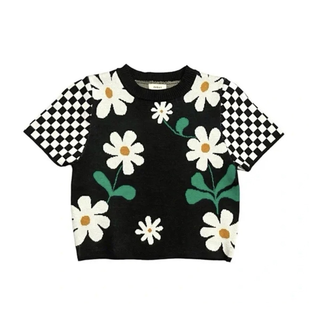 Daisy‎ Floral Sweater Size M Checkered Sleeve Cottagecore Y2K Coquette Knit Top